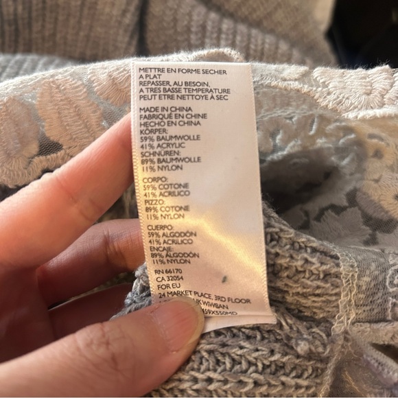 Anthro Pins & Needles Gray Long Sleeve Knit Sweater Dress White Lace Trim Large - Picture 11 of 12